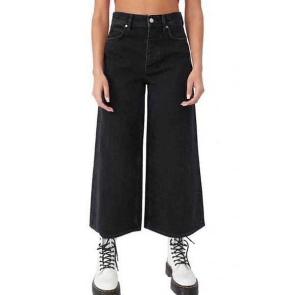 FREE PEOPLE Landry Wide Cropped Jeans Black Nigh Sky Button Fly Womens 26 2-4 - Picture 1 of 13